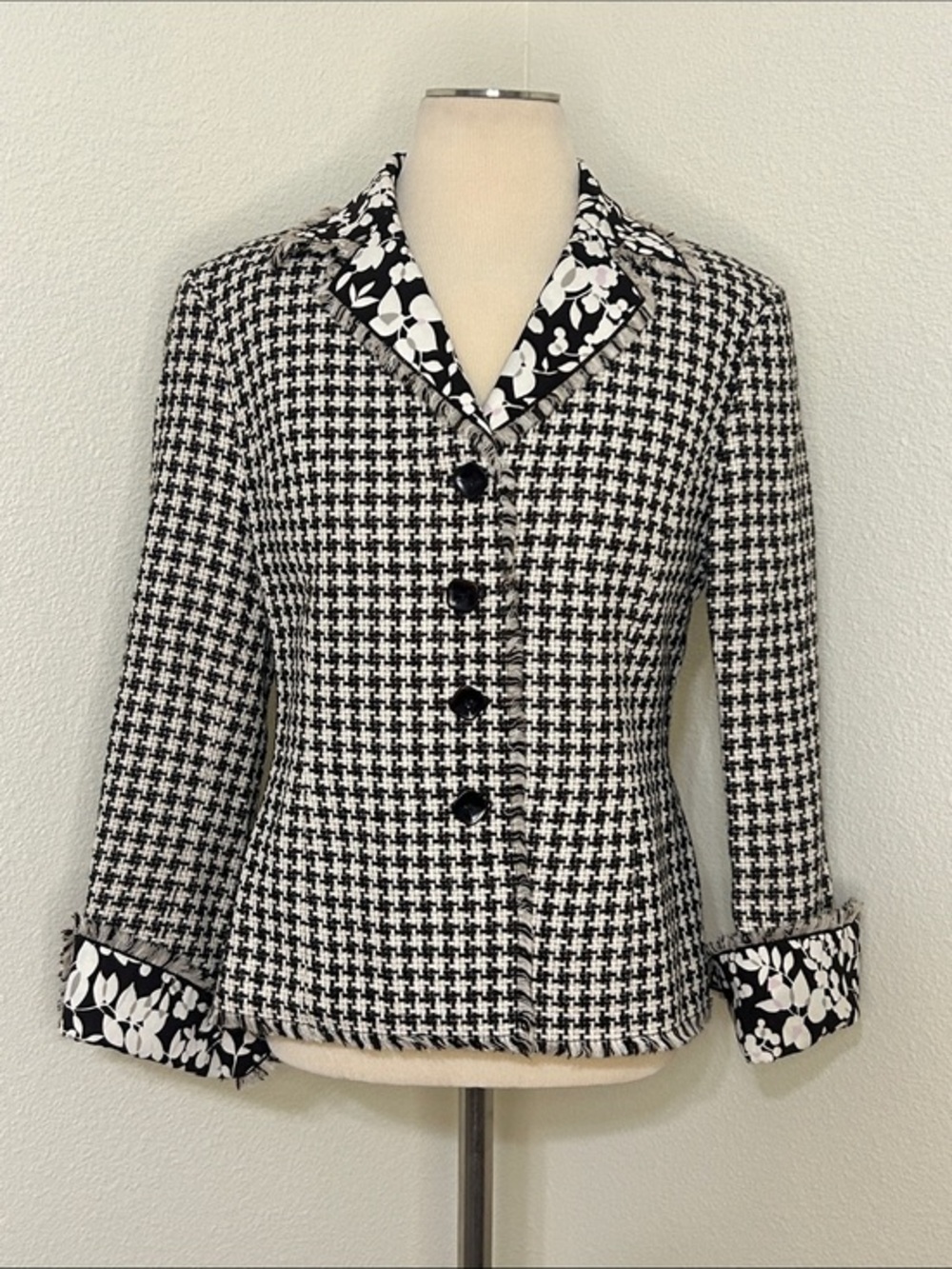 Whimsical Fall Autumn Kasper Brown Cream Houndstooth Women's Blazer Jacket 6